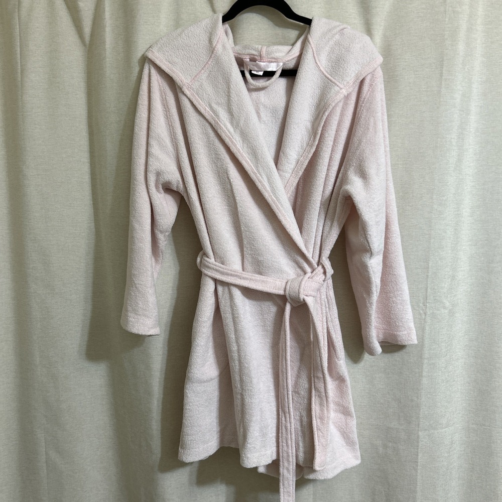 Victoria’s Secret Rose Terry Fleece Hooded Bath Robe Belt Pockets Women’s M